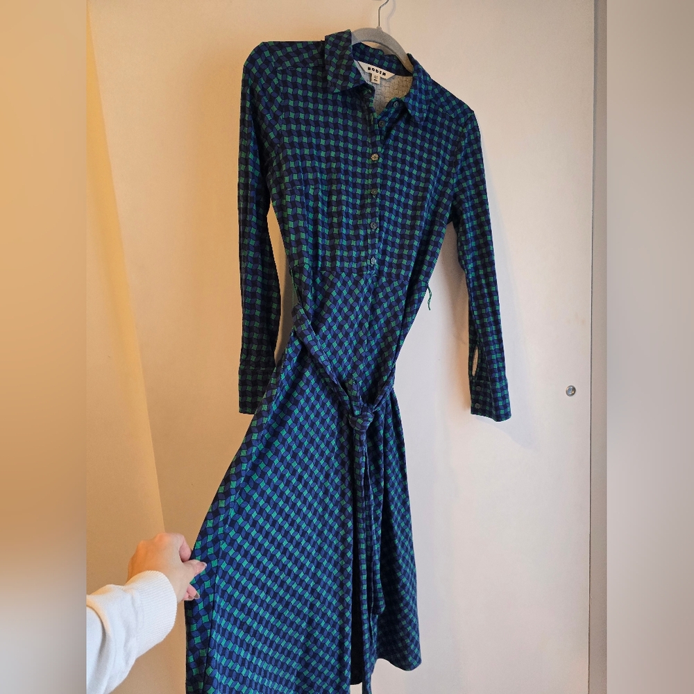 $145 Boden Laura Jersey Midi Shirt Dress Abstract Green Blue Sz 2P - Picture 6 of 10